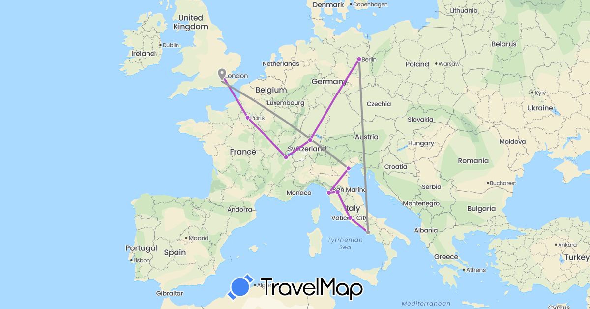 TravelMap itinerary: driving, plane, train in Switzerland, Germany, France, United Kingdom, Italy (Europe)